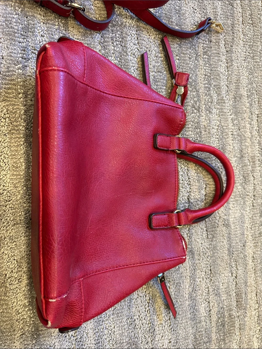 Red Leather Satchel Handbag with Detachable Strap